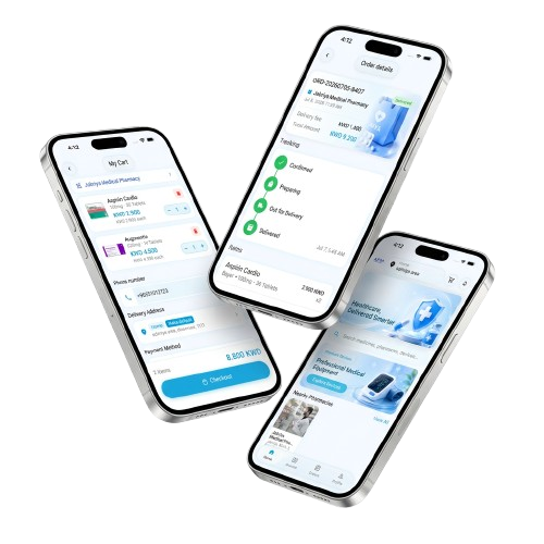 Afya pharmacy app: home, cart and order tracking screens