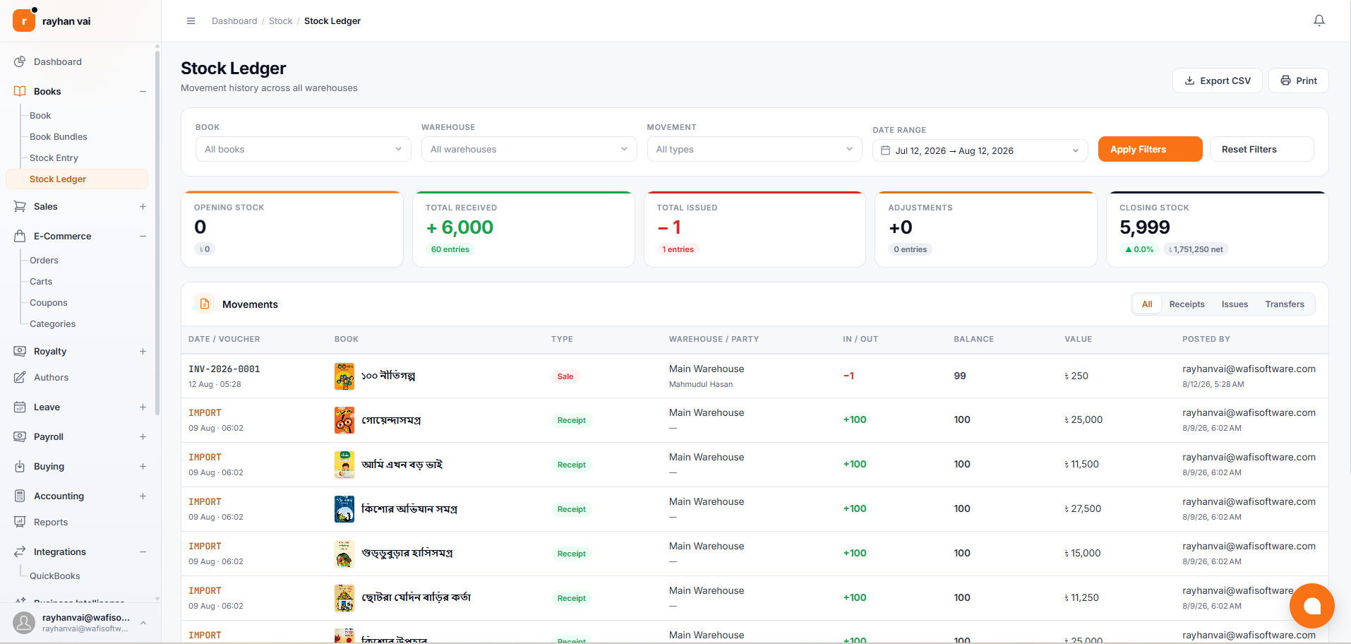 Products screen — inventory list with stock levels and reorder alerts